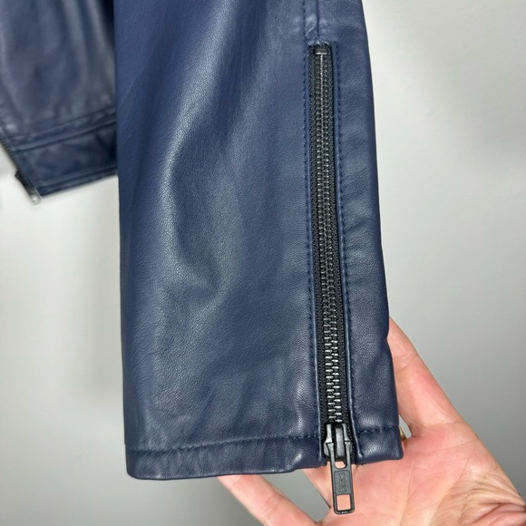 JOIE Caldine Moto Jacket Navy Blue Leather Zip Up Collared Women’s Size Medium - Picture 11 of 16